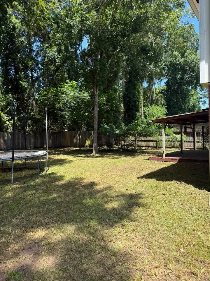 Backyard with trampoline and thin patchy grass