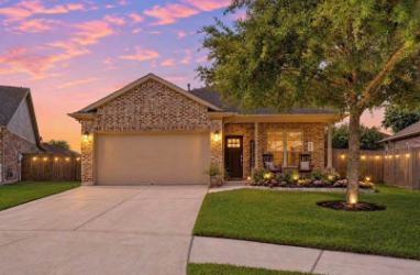Brick home at dusk with landscape lighting and planted tree ring